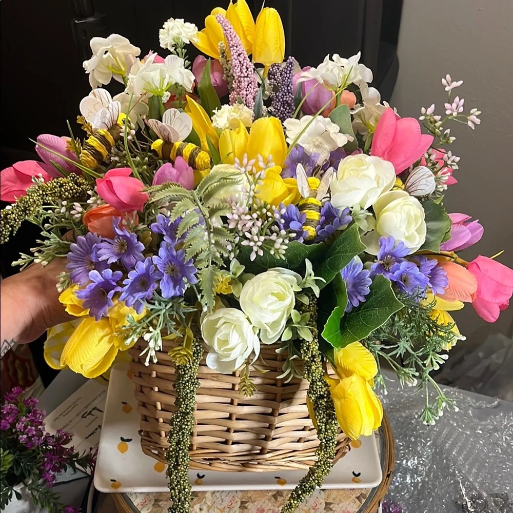 Handmade Floral Basket Door Hanger with honeybee accents
